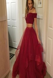 Simple Dark Red 2 Piece Prom Dresses Boat Neck Short Sleeve ALine Tulle Sexy Long Evening Gowns 2018 Cheap Party Dress Women Gown7112709