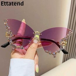 Sunglasses Bling Diamond Fashion Butterfly Sunglasses for Women Overszied Luxury Brand Rimless Sun Glasses Ladies Y2k Eyewear Gafas De Sol Y240416