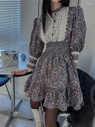 Casual Dresses Spring Fashion Prairie Floral Print Mini Dress Sweet Lace Patchwork Puff Sleeve A Line Holiday Slim Waist Short Skirt