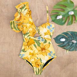 Women's Swimwear 2024 Arrival Ruffle Single Shoulder One Piece Swimsuit Women Floral Printed Tropical Summer Beach Bathing Suit