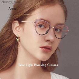 Sunglasses 2023 New Cat Eye Glasses Frame Womens Fashion Matte Print Eyeglass Frame Metal Anti Blue light Glasses Computer Goggles Y240416