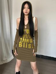 Casual Dresses American Sexy Fashion Letter Print Vest Hooded Dress 2024 Early Autumn Package Hip Short Skirt For Women