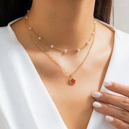 Chains Golden Colour Imitation Pearl Flower Pendant Necklace For Women Girls Bilayer Creative Sweet Metal Geometric Neckalce Gift