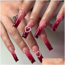 False Nails Wearable Long Ballet Gradient Press On Coffin Fake Wine Red Love Pear Decoration Fl Er Nail Tips Drop Delivery Dhvwd