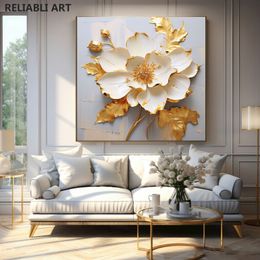 Abstract Gold Flower With Gold Leaf Canvas Painting,Modern Print Poster Wall Art Pictures,For Home Decoration Gift Cuadros Unframed