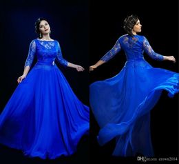 2023 Mother of the Bride Dress Illusion Chiffon Lace Prom Dresses Long Royal Blue 34 Sleeves Plus Size Formal Evening Dresses Cus2311915