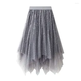 Skirts Sequins Luxury Midi For Women 2024 Summer Fashion Women's High Waist Mesh Irregular Skirt Elegant Female Fluffy