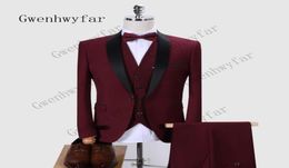 Gwenhwyfar Men Suit 2019 Wedding Suits For Men Shawl Collar 3 Pieces Slim Fit Burgundy Suit Mens Dark Grey Tuxedo Jacket2135567