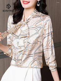 Women's Blouses Birdtree Single Breasted Temperament Women Versatile Shirt 90%Silk 10%Spandex Print Ribbon Blouse 2024 Autumn Spring