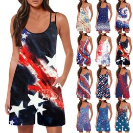 Casual Dresses Women's Fashion Jumpsuit Loose Sleeveless With Pockets Independence Day Printed Slim-Type Ropa De Mujer