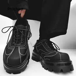 Dress Shoes Sewing Thick Soled Derby For Men British Formal Platform Leather Commuter Big Head Black Lace Up Men's