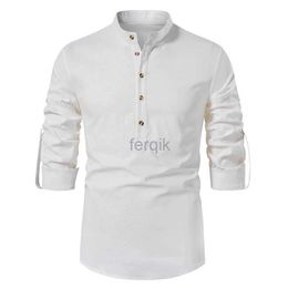 Men's Casual Shirts White Roll Up Mandarin Collar Dress Shirt Men 2024 Brand Cotton Linen Henley Business Male Chemise Homme 24416