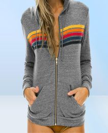 Elegant Rainbow Striped ZipUp Autumn Hoodies Casual Loose Hooded Pocket Long Sleeve Tops Women Fashion Patchwork Sweatshirt XXL W1244705