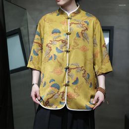 Men's Casual Shirts Men Summer National Style Print Stand Collar Loose Short Sleeve Plus Size Man Oversized Kungfu Blouses Shirt