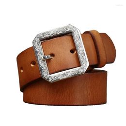 Belts 3.8CM Cowhide Belt With Carved Stainless Steel Buckle Genuine Leather Jeans High Quality Retro Luxury Men's