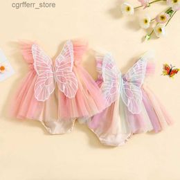 Rompers 0-2Y Baby Girl Rompers Dress Embroidery Butterfly Wing Fly Sleeve Rainbow Colour Tulle Skirt Hem Jumpsuits Clothes Baby Bodysuits L410