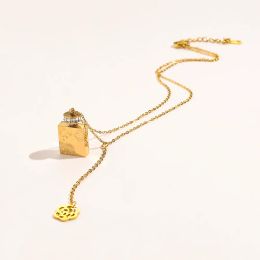 Women Elegant Designer Necklaces Perfume Bottle Charm Pendant Necklaces Letter Beads Chain Necklaces Choker Statement 18K Gold Plated Stainless Steel Jewelry