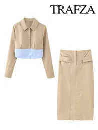 Work Dresses TRAFZA Women 2 Piece Set Lapel Long Sleeve Single-Breasted Splicing Decorate Short Shirt Elegant High Waist Hem Slit Skirts