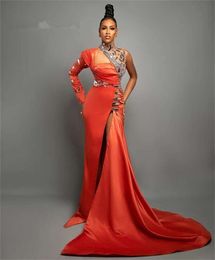 African Nigeria Style Orange Beaded Crystal Mermaid Evening Dresses 20 One Shoulder Sexy Front Split Long Sleeves Pageant Party Prom Gowns Vestidos De Noite 322