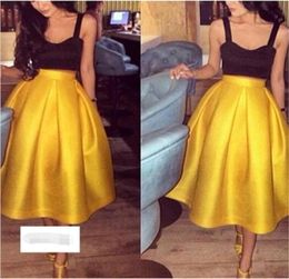 Fashion Satin Two Pieces Prom Dresses Gold Tea Length Puffy A Line Skirts With Black Crop Top Spaghetti Straps1320300