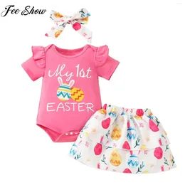 Clothing Sets Baby Toddler Girls 1st Easter Birthday Party Outfits Short Sleeve Rompers With Colourful Eggs Print Skirt Headband Daily Wear