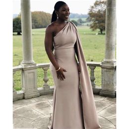 Champagne Nude Sexy Mermaid Bridesmaid Dresses For Weddings With Cape African One Shoulder Plus Size Party Sweep Train Maid Of Honour Gowns Zipper Back