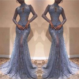 Splendida Zuhair Murad Murad Full Lace Evening High Neck Mermaid Illusione Lunga maniche lunghe Vedi attraverso abiti da ballo di lavanda abito da festa di lavanda