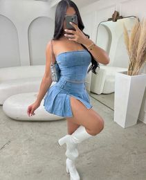 Sexy Summer Outfits Women Fashion Jean Dress with Skirt 2 Piece Sets Bustier Blue Denim Two Outfit Split Set 240408