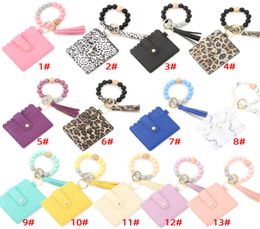 Silicone Bead Bracelet Favour Leopard Card Bag Wood Beaded PU Leather Tassel Keychain Portable Ladies Wallet with Snap Party Suppli4232999