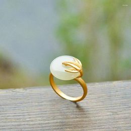 Cluster Rings Creative Design Inlaid Natural Hetian White Jade Bamboo Leaf Ring Opening Adjustable Fresh Atmosphere Elegant Ladies Jewelry