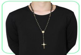 BlackGold Color Long Rosary Necklace For Men Women Stainless Steel Bead Chain Cross Pendant Women039s Men039s Gift Jewelry 8223162