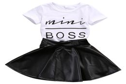 2018 New Fashion Toddler Kids Girl Clothes Set Summer Short Sleeve Mini Boss Tshirt Tops Leather Skirt 2PCS Outfit Child Suit8674528