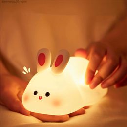 Lamps Shades Rabbit Night Light for Children Soft Silicone Sleep Light USB Charging Dimmable Bedside LED Night Light for Bedroom Decoration Q240416