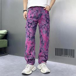 Men's Jeans Est Design Purple For Men Printed Ripped Tassel Straight Fitting Denim Pants Full Length Trousers Male Streetwear