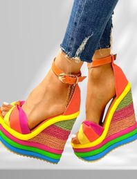 Sandals Elegant INS Rainbow Colorful 2022 Summer Wedges Party Platform Extreme High Heels Shoes Woman Plus Size 436577677
