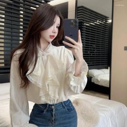 Women's Blouses Women Shirt French V-neck Small Fragrant Ruffle Simple Commuting Daily Temperament Bell Sleeve Versatile