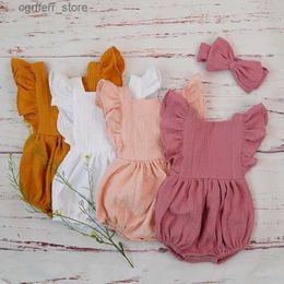 Rompers Organic Cotton Baby Girl Clothes Summer New Double Gauze Kids Ruffle Romper Jumpsuit Headband Dusty Pink Playsuit For Newborn 3M L410