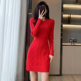 Casual Dresses Red Knitted Sexy Short Mini Sweater Dress Women O-Neck High Waisted Pencil Office Female Skinny Slim Knitwear