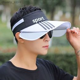 Visors Big Brim Men Sun Hat Retractable Sun Visor Empty Top Cap Fashion Stripes Magic Tape Adjustable Outdoor Sport Hiking Fishing Hat Y240417