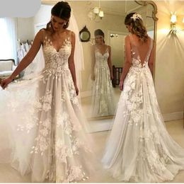 Line Lace Dress A Wedding Boho Appliques V Neck Sleeveless Tulle Backless Bridal Gowns Robe De Mariee Sweep Train Beach Long Ivory Bride Dresses ppliques es