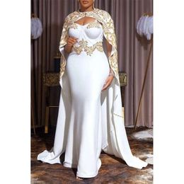 Elegante e noturna branca de miçanga de dubai dubai cetim sereia vestidos de eventos formais com longa capa wrap mulheres plus size baile vestidos manto de soriee 2022