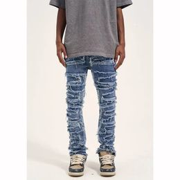 High Street Hole Ripped Distressed Jeans for Mens Vintage Slim Denim Korean Fashion Hip Hop Design Casual Trousers Streetwear 240417