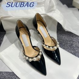 High Heels Women Free Shipping With Shoebox Summer New Hollow Pearl Line With Shallow Mouth Pointy Thin Heel French Large Size Sandals