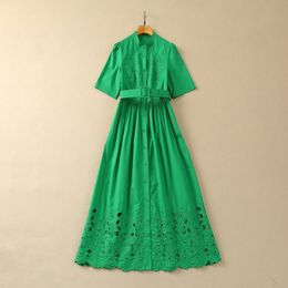 Spring Green Floral Embroidery Cotton Dress Short Sleeve Stand Collar Belted Single-Breasted Casual Dresses S4J290125 Plus Size XXL