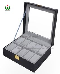 10 Grids Slot PU New Bias Leather Brand Logo Watch Box Display Organiser Glass Top Jewellery Storage Organiser BOX BLACK Grey Interi6465061