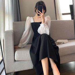 Casual Dresses Women Dress Patchwork Long Sleeves Autumn Solid Colour Mid-calf Length Square Neck Vintage Dress-up