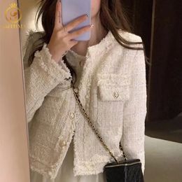 HMA Fashion Korean Chic Vintage Tweed Woollen Jacket Coat Women Autumn Single Breasted Plaid Tassel Office Lady Outwear 240417