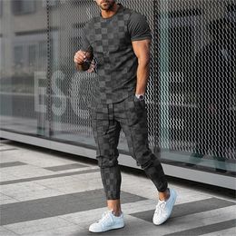 Mens Suit Tracksuit 2 Piece Set Jogger Outfit 3D Printed Vintage Streetwear Short Sleeve T ShirtLong Pants Men Clothing 240416