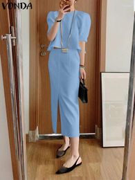 Work Dresses VONDA Summer Dress Sets 2024 Women Short Sleeve Elegant Office Matching Fashion Suits Puff Tops Casual Midi Skirts