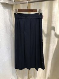 Skirts Women Side Single Breasted Midi Jupe Wool Blends Pleated Solid Color Autumn 2024 Female Skirt